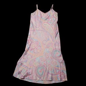 Ralph Lauren Slip Dress Nightgown Paisley Pink Adjustable Straps Maxi Sexy Slits